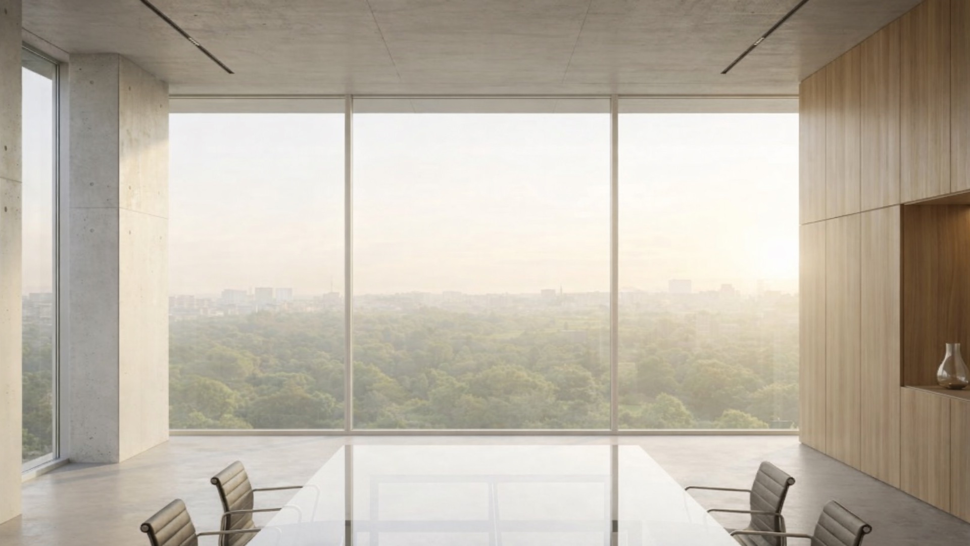 Minimalist boardroom with floor-to-ceiling windows overlooking a lush green cityscape at golden hour