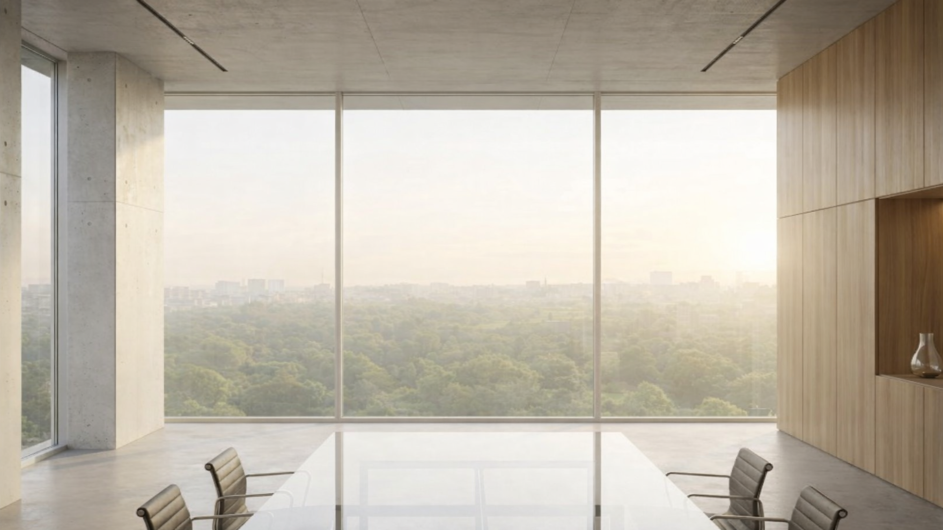 Minimalist boardroom with floor-to-ceiling windows overlooking a lush green cityscape at golden hour
